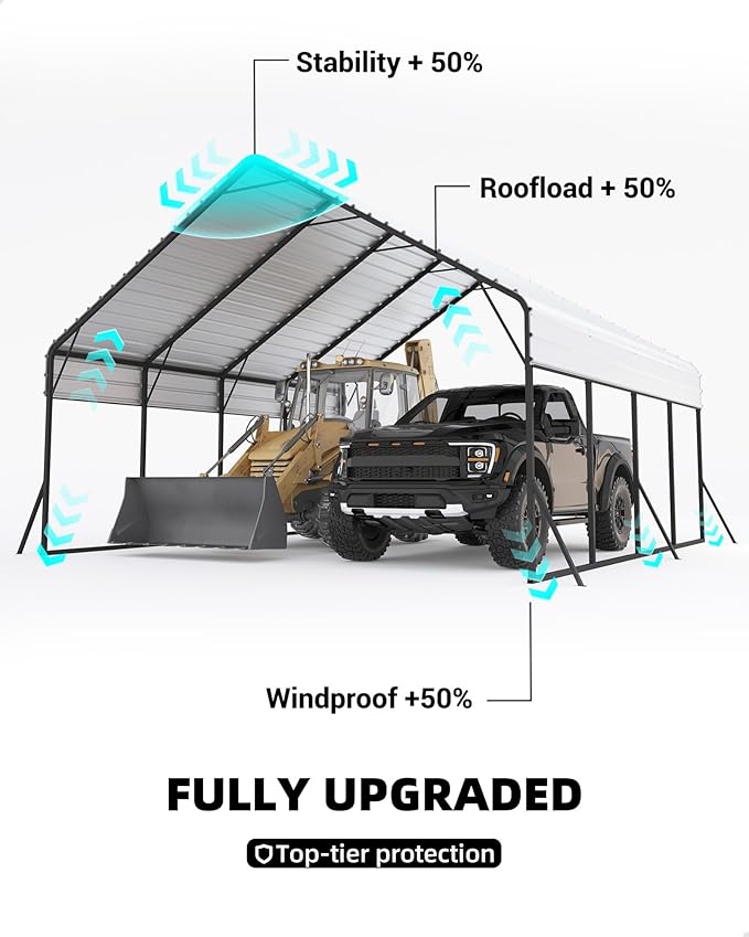 20x20 FT Metal Carport Heavy Duty Car Ports Reinforced Frame, Galvanized Steel Roof and Enhanced Base All-Weather Outdoor Oversized Shelter for Cars, Bass Boats, Full-Sized Pickup Trucks, Tractors