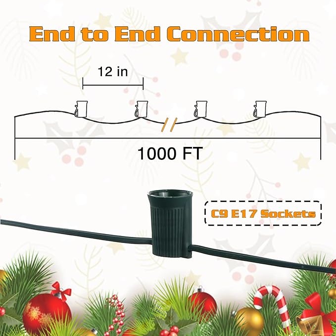 1000FT C9 Outdoor String Light Stringer, E17 Light Socket 12" Spacing, C9 Christmas Stringer Set Spool Green Light String for Wedding Patio Event Lighting Decor, Green Wire