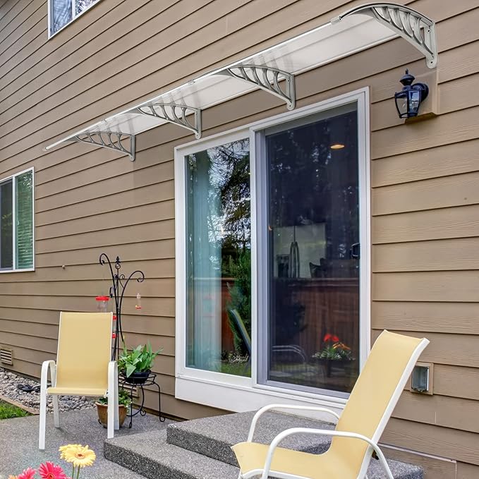 Window Awning Door Canopy Exterior- 38" x 120" Aluminum Door Awning, Polycarbonate Cover Patio Canopy Awning for House, Outside, Rain Snow & UV Resistant (Clear Board & Grey Bracket)