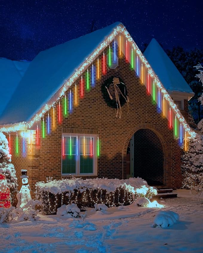 Flacchi Multicolor 20 Tubes Meteor Shower Icicle Light 480 LED Raindrop Lights with Timer Function Cascading Falling Rain Lights for Holiday Party Christmas Decorations