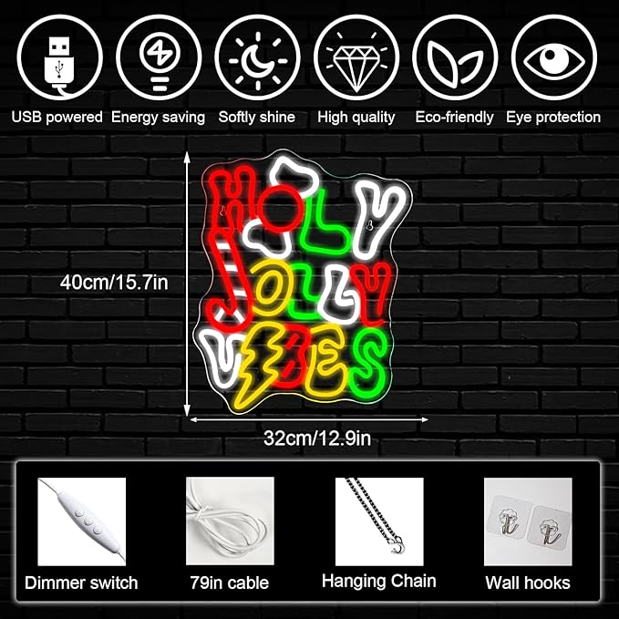 Horseneon Holy Jolly Vibes Neon Sign, Merry Christmas Neon Signs for Wall Decor, Christmas Tree Neon Light LED Sign with USB Powered for Christmas Party, Windows, Home Decor, Bedroom, Living room, Bar