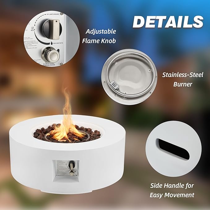 ECOTOUGE 2-Piece Gas Fire Pit, Outdoor Propane Fire Pit Table Set w/Tank Cover, 30''Auto-Ignition Round Steel Fire Table, 50,000 BTU Concrete Fire Pit w/Weather-Resistant Pit Cover, Lava Rocks, White