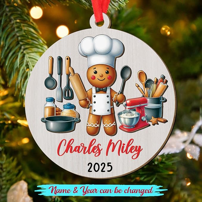 Personalized Chef 3D Wooden Ornament Gift for Dad Grandpa Mom Wife Grandma Family, Master Chef Christmas Tree Ornaments 2025, Custom Year & Name Cook Cooking Lover Ornament for Holiday Appreciation