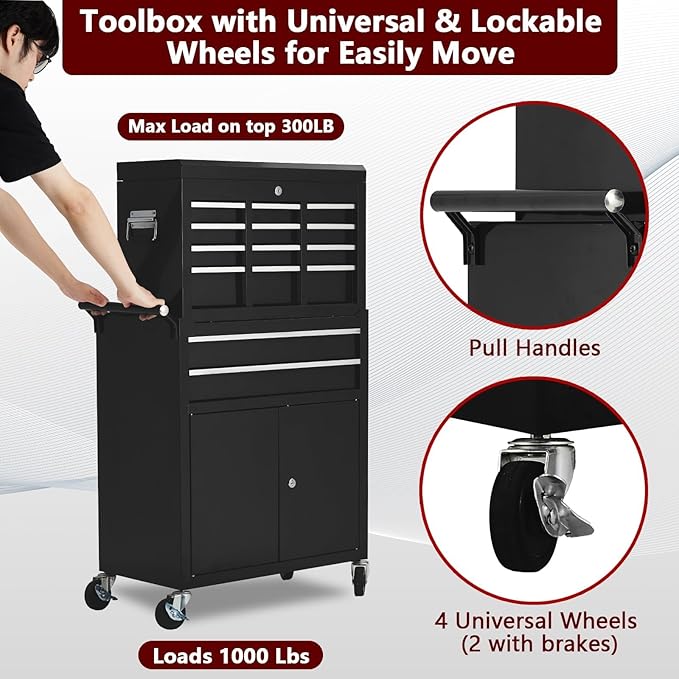 8-Drawer Rolling Tool Chest, 2-in-1 Detachable Top Tool Cabinet with Removable High Capacity Storage, Sliding Drawers, Wheels, Locking System & Liners for Workshop, Mechanics, Garage and Warehouse Use
