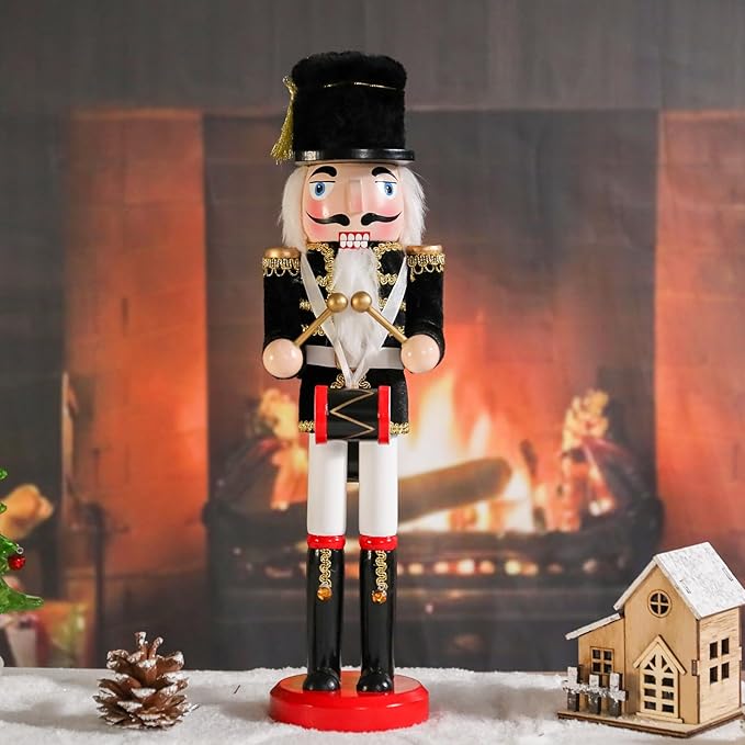 Christmas Nutcracker Decorations Nutcracker Figure 15 Inch Wooden Nutcrackers Collectible Ornament Nutcrackers Soldier for Table Desktop Home Christmas Decor Xmas Indoor Decor Black Hat beat a drum