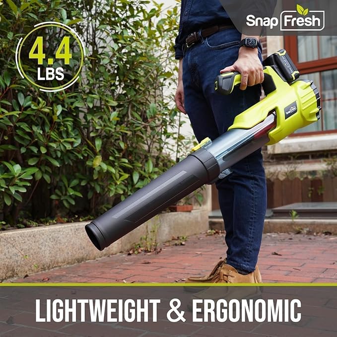 SnapFresh 20V Brushless Cordless Leaf Blower, 550 CFM/120 MPH, 2 x 4.0Ah Battery& Fast Charger, 7-Speed w/Turbo Mode, Lightweight Electric Handheld Blowers for Lawn Care, Snow, Patio, Yard& Sidewalk