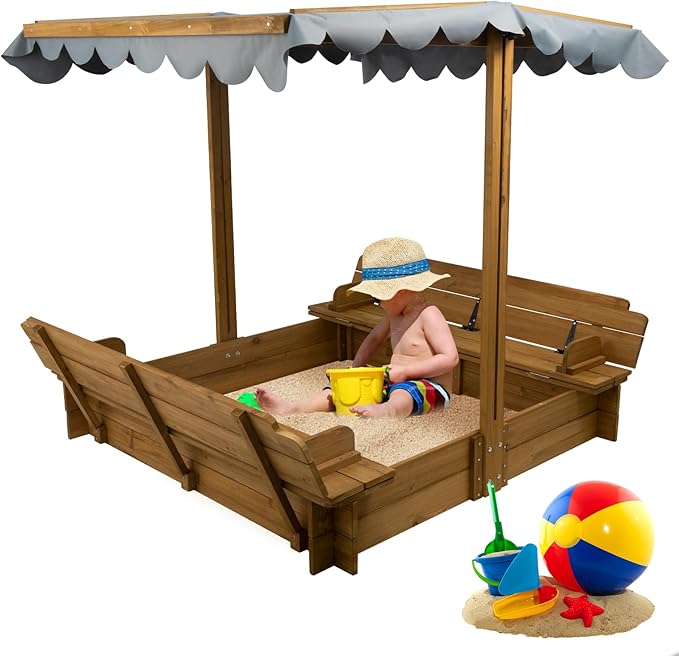 PetsCosset Wooden Sandbox with Lid, Kids Sandbox with Cover Outdoor, with 2 Foldable Bench Seats for Backyard (47x47in), UV-Resistant & Adjustable Height Roof, Gift for Ages 2-8