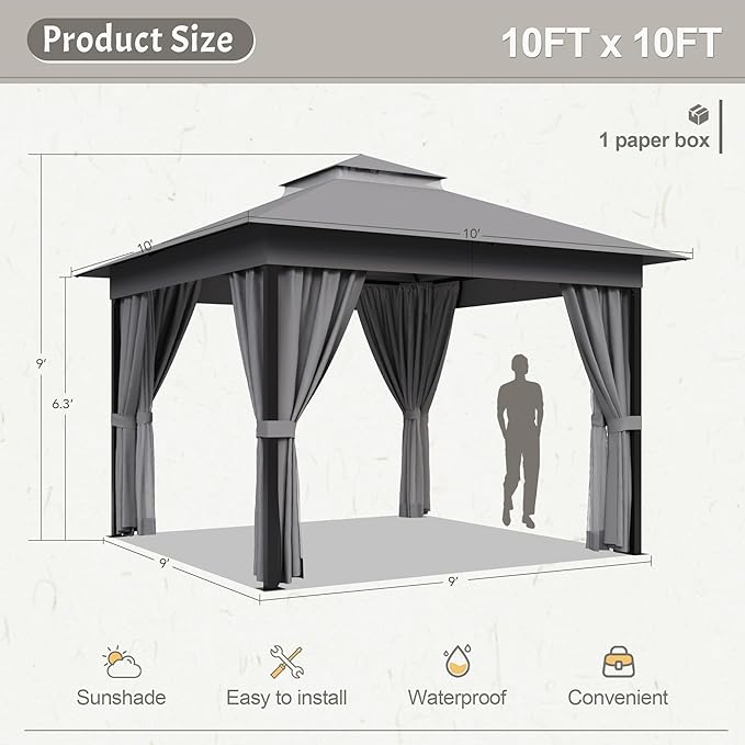 Devoko Outdoor Gazebo for Patio 10'x 10' Heavy Duty Metal Frame Canopy with Expansion Bolts & Double Roofs, Party Tent & Shelter with Mosquito Nettings and Privacy Screen for Backyard, Garden (Grey)