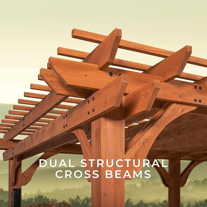 Backyard Discovery Beaumont 24' x 12' Traditional Cedar Wood Pergola Kit with Trellis Roof, All-Season Durability, High-Wind Rating, PowerPort, Shade for Outdoor Patio, Deck, Garden, and Entertaining
