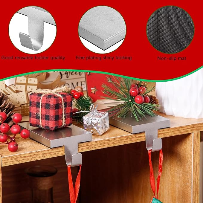 6 Pcs Christmas Stocking Holders Hanging Hooks Heavy Duty Mantel Stocking Holder Bases Weighted Metal Stocking Hangers for Shelf Fireplace Stair Xmas Party Decor (6, Silver)