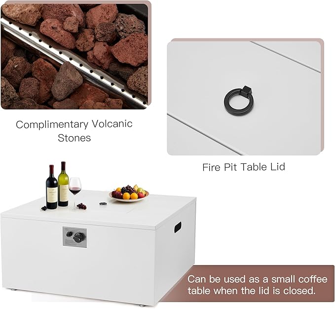 ECOTOUGE 2 Piece 32 Square Propane Fire Pit Table wirh Tank Holder, 50,000 BTU Outdoor Gas Fire Pit with Lid, Steel Fireplace w/Weather Cover, Lava Rocks for Patio, CSA Certified, White