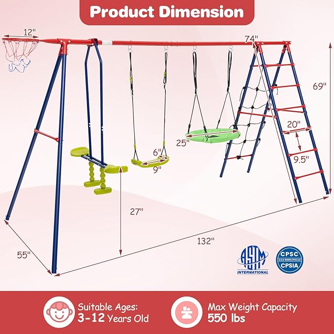 Costzon Swing Sets for Backyard, 6 in 1 Heavy-Duty Metal Swing Set with 2 Swings, Glider, Basketball Hoop, Climbing Ladder and Net, Playground Sets for Backyards, Outdoor Playset for Kids 3+ (Red)