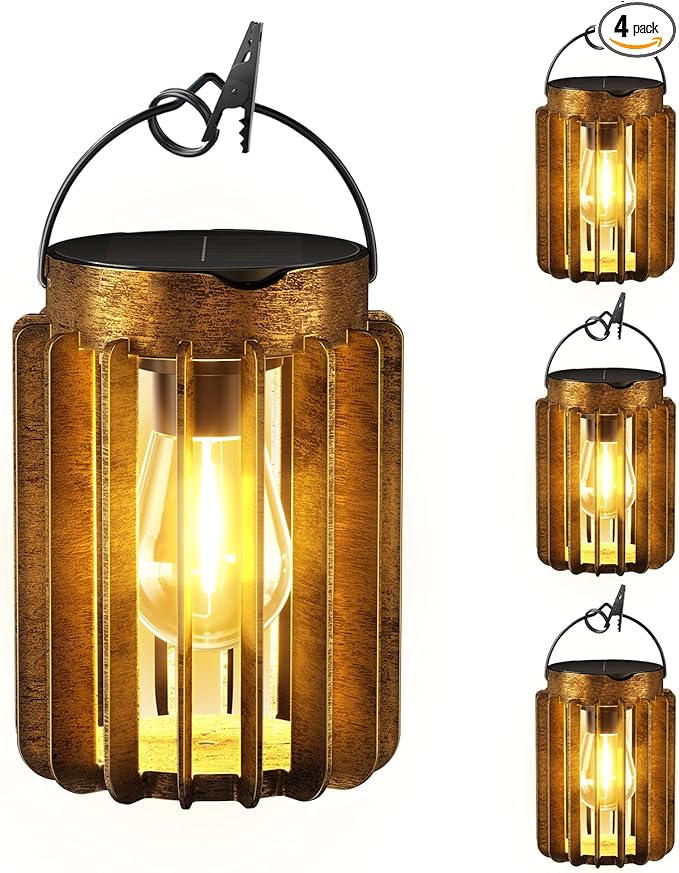 Solar Lanterns Outdoor Waterproof, Brighter Up to 12 Hrs Outdoor Hanging Solar Lights, Outside Hanging Lanterns for Garden Porch Patio Yard Decor, Gifts for Women Mom Father 4 Pack