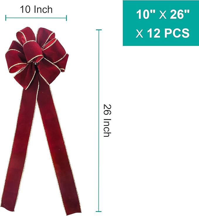 CT Craft Christmas Handmade Tree Topper Bow 10" X 26" X 12 PCS Burgundy/Red Wine Velvet Ribbon Gold Wired Edge for Tree Topper Wreath Indoor Outdoor Holiday Decoration
