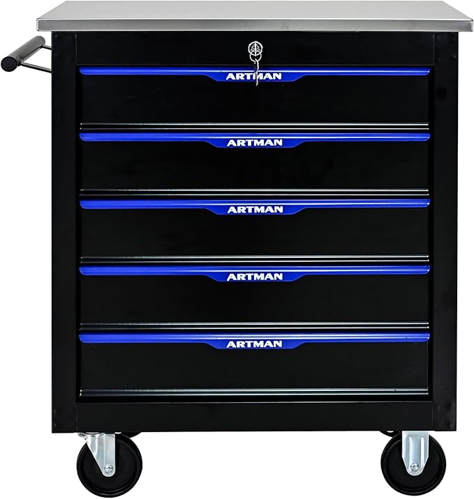 RYH 4/5/6/7 Drawers Rolling Tool Chest -Heavy Duty Mobile Metal Tool Box with Locking Wheels, with Stainless Steel Worktop, Garage Tool Storage Cabinet (Black-Blue, 5-Drawers 30.7 H¡¿25.9 W)