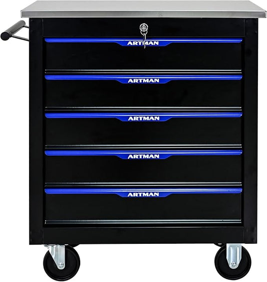 RYH 4/5/6/7 Drawers Rolling Tool Chest -Heavy Duty Mobile Metal Tool Box with Locking Wheels, with Stainless Steel Worktop, Garage Tool Storage Cabinet (Black-Blue, 5-Drawers 30.7 H¡¿25.9 W)
