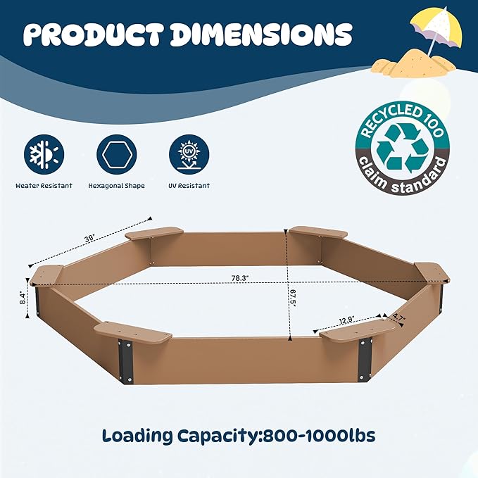 FOOWIN Hexagonal Outdoor Sandbox with Cover for Kids, HDPE Large Sandpit w/6 Benches, for Aged 3-12 Years Old, Sand Box for Children, Bottom Liner,Teak