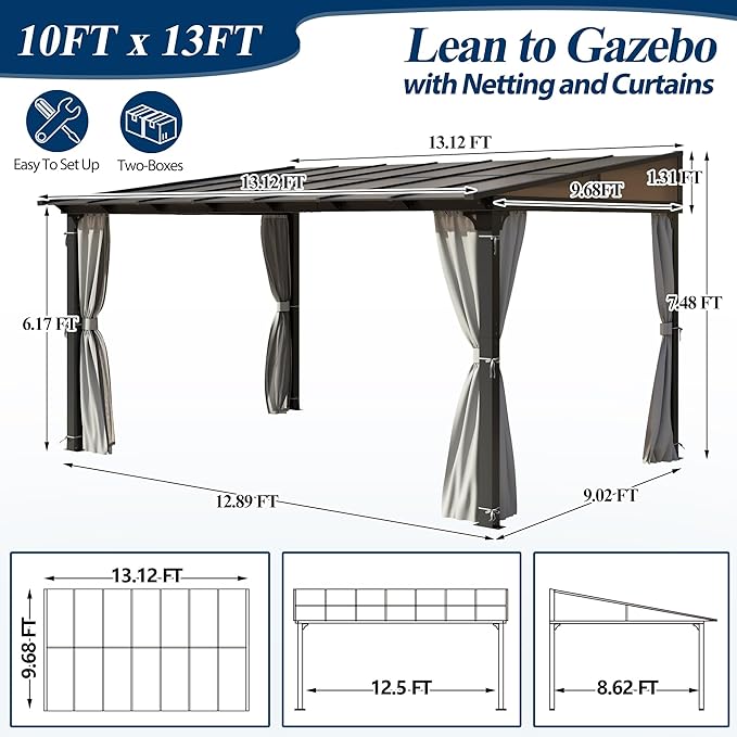 COVERONICS 10' X 13' Outdoor Polycarbonate Lean to Gazebo - Wall-Mounted Aluminum Frame Gazebo with Slope Hardtop, Patio Heavy-Duty Lean to Pergola with Netting & Curtains for Garden, Backyard, Deck