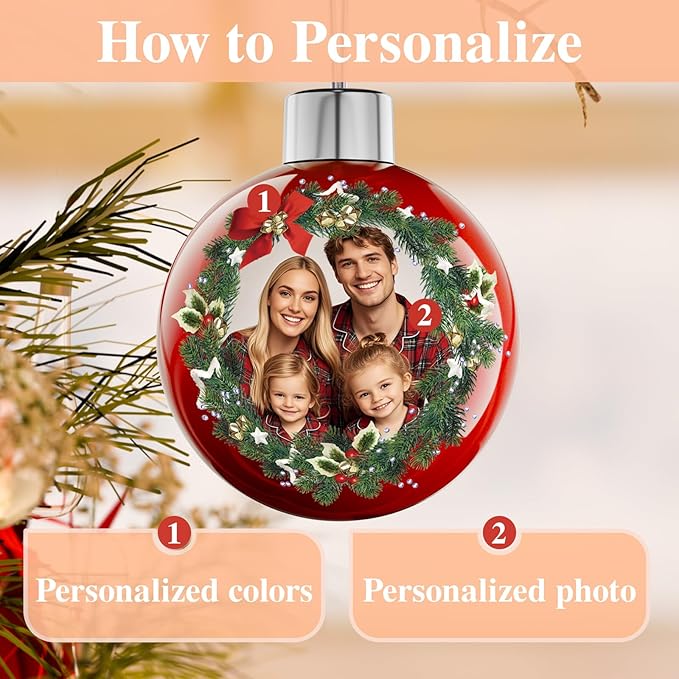 Bemaystar Personalized Photo Christmas Ornaments 2025 - Custom Christmas Ball Ornaments, Customized Ornament for Xmas Gifts for Mom Dad Kids Pets Friends