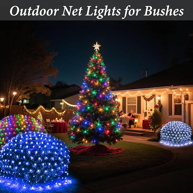 OYCBUZO 300LED Net Lights,14.8ftx5ft 8 Modes Connectable Christmas Mesh Lights, Indoor and Outdoor Fairy String Lights Plug in for Halloween Thanksgiving Bushes Xmas Tree Holiday Party Garden - Blue