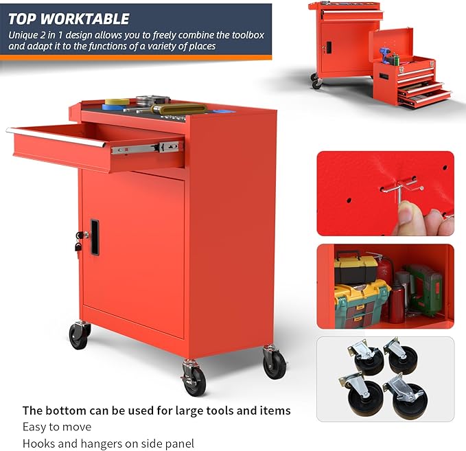 5-Drawer High Capacity Rolling Tool Box, Removable Cabinet Storage Tool Chest with Wheels and Drawers, Detachable Toolbox with Lock for Mechanics Garage Workshop and Tool Room (Red)