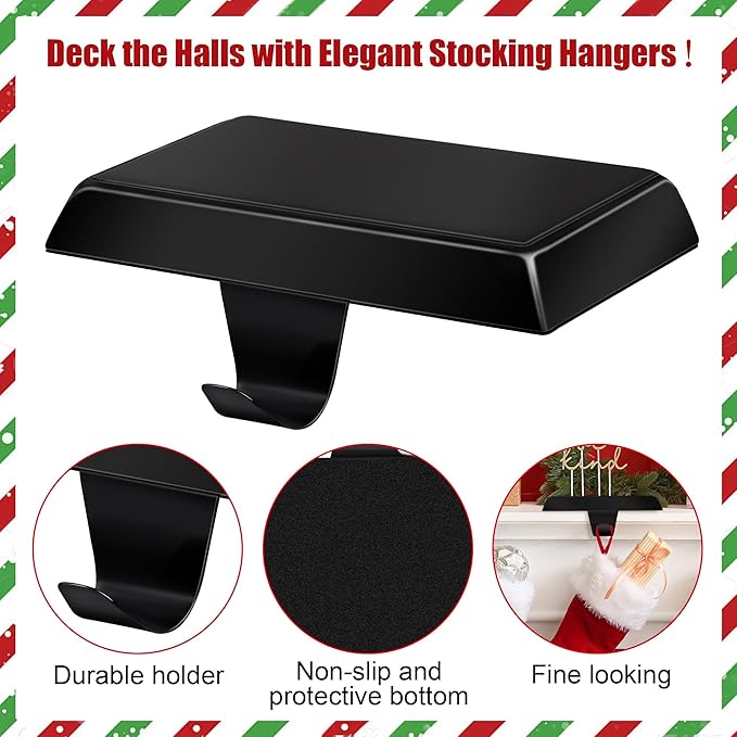 Fovths 4 Pieces Christmas Stocking Holders Bases Metal Mantle Stocking Hooks Fireplace Stocking Hanger Weighted Hanging Hooks for Xmas Holiday Party Decorations, Black