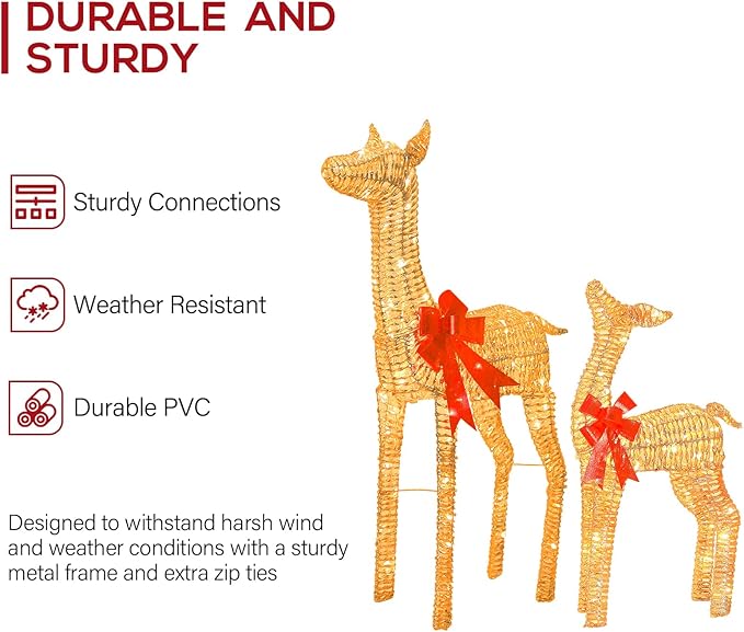 Hykolity 3.5 FT 3D Lighted Outdoor Christmas Reindeers, 2-Piece Light Up Christmas Deers with 130 Warm White LED Lights, Outdoor Reindeer Yard Decoration with Stakes, Zip Ties, Gold