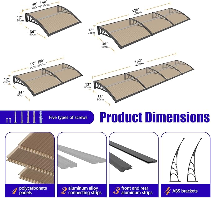 Awning for Door Entrance,35x40 inches Window Awnings for Doors Canopy Polycarbonate Cover Patio Door Awning UV Rain Snow Sunlight Protection Hollow Shee