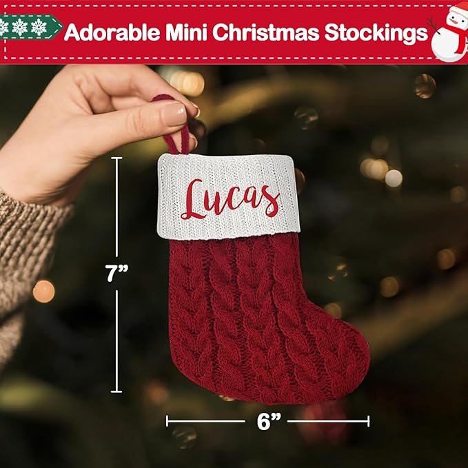 Mini Custom Christmas Stockings with Names - 6" W x 7" L Burgundy Red Personalized Christmas Stockings, Kids Family Small Knitted Xmas Stocking for Fireplace Decoration, 1 Pack