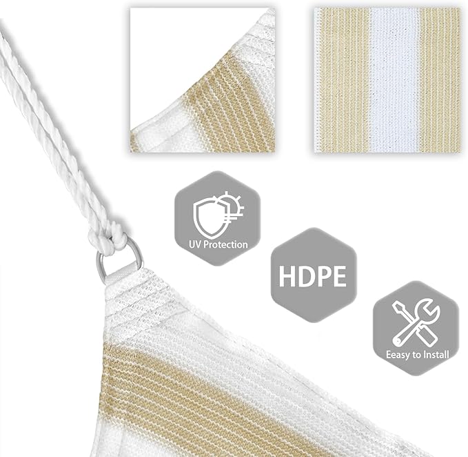 Patio Paradise 17' x 17' x 17' Sun Shade Sail Triangle Canopy Shade Cloth Fabric Sunlight Block Patio Pergola Cover HDPE Deck Awning for Outdoor Backyard Roof Shading, Beige White Strip
