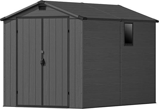 Devoko 6x10 FT Plastic Outdoor Storage Shed - Lockable Resin Tool Shed with Window & Floor - Easy Assembly for Garden, Backyard, Deep Gray