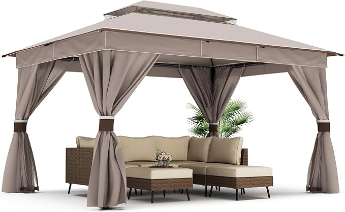 LAUSAINT HOME Semi-Permanent Patio Gazebo 10'x13' with Expansion Bolts, Outdoor Heavy Duty Party Tent & Shelter with Double Roofs, Mosquito Nettings and Privacy Screens for Backyard, Garden, Lawn
