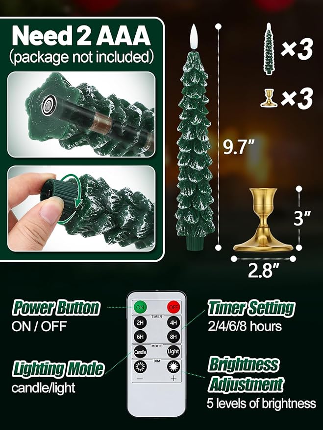 3 Pack Christmas Tree Candles with Remote- Real Wax Flameless Taper Candles, 9.7in Green Candlesticks Battery Operated for Home Table Metal Xmas Holiday Indoor Decorations Gifts