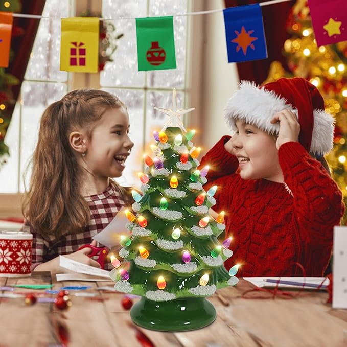 Ceramic Christmas Tree 12 Inch Tabletop Christmas Tree Vintage Christmas Decoration Battery Operated Small Green Xmas Trees with Multicolored Lights