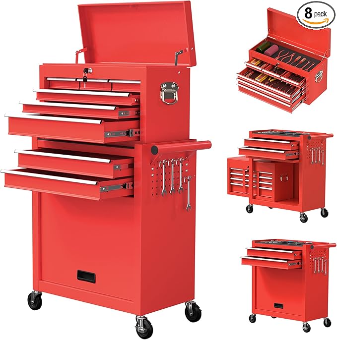 8-Drawer Rolling Tool Chest, High Capacity Removable Tool Storage Cabinet, Detachable Toolbox with Lock for Garage Warehouse and Tool Room (Red)