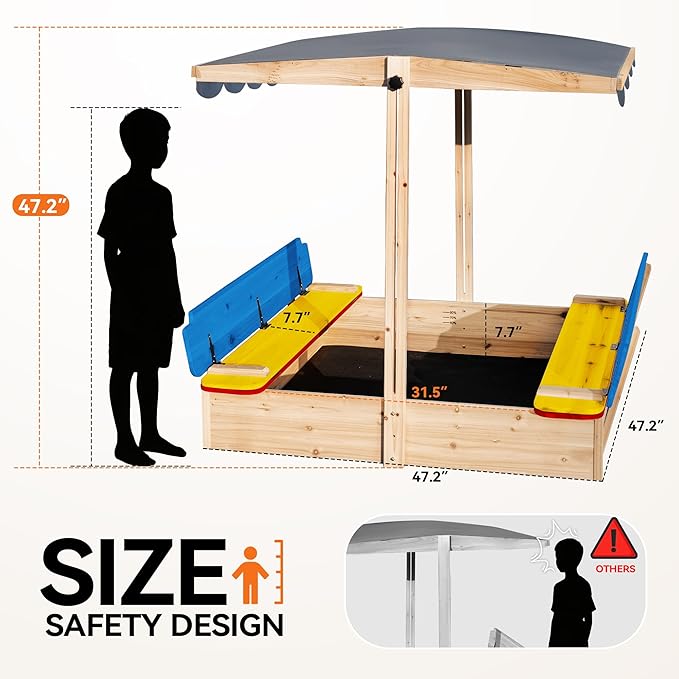 48x48 Large Wooden Sandbox with Locking Lid & Adjustable Canopy Cover - Outdoor Sand Box for Kids Ages 4-8, Foldable Bench Seats, UV-Resistant Roof, Easy-Drain Bottom Liner