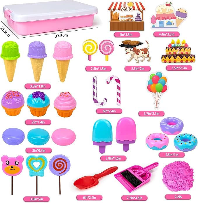 Sensory Bin, Ice Cream Play Sand Set with Magic Sand Toy for Kids, Ice Cream Toys Molds and Cleaning Tools Sandbox with Lid Sand Art Kits for Girls Toddlers Birthday Valentines Gifts