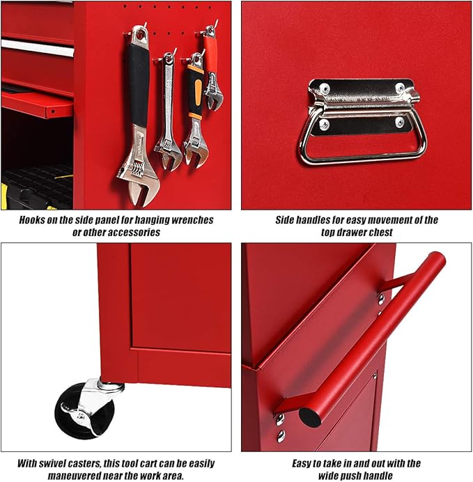 S AFSTAR 6-Drawer Rolling Tool Chest, High Capacity Tool Storage Cabinet with Wheels and Locking System, Removable Toolbox Organizer with Sliding Drawers (Red)