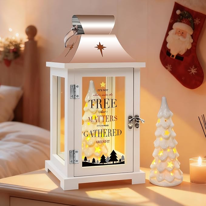 Ceramic Christmas Tree That Light up for Table Centerpieces, 15.1" Tall Lantern Indoor Party Decor, Hanging Candle Lantern for Home, Holidays Tabletop Décor Gift, Xmas Tree Figurine