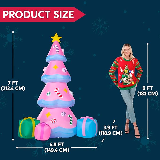 JOIEDOMI 7 FT Tall Christmas Tree Inflatables Outdoor Decoration, Christmas Inflatable Pink Tree with 3 Gift Boxes, Blow Up Xmas Tree with Build-in LEDs for Xmas Outdoor Yard Garden Lawn Decor