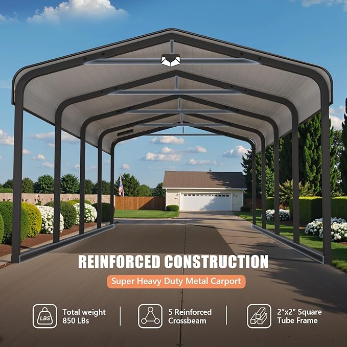 20x20 Metal Carport, Galvanized Steel Roof Car Port with Remvoable Polyethylene Sidewalls