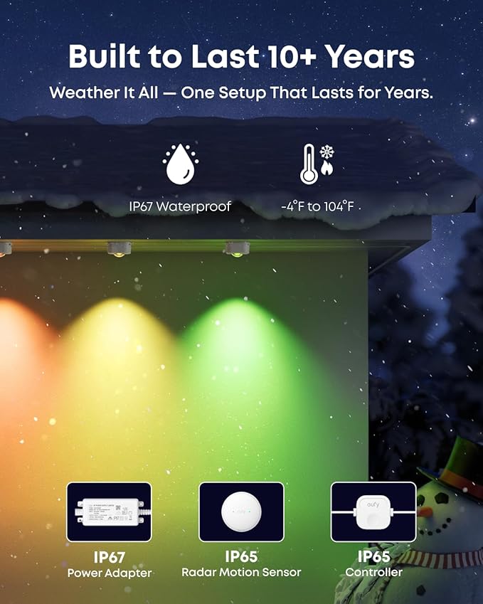 eufy Permanent Outdoor Lights S4, 3D Radar-Activated, 200ft with 144 LED Lights, Smart RGBWW for Halloween and Christmas Decorations, AI Light Themes, Music Mode, Matter Support, IP67 Waterproof