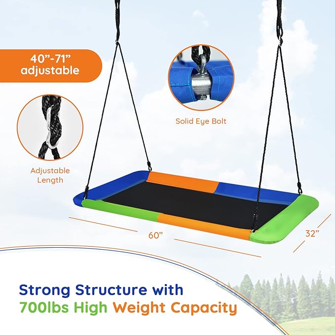 Costzon 700lb Giant 60'' Platform Tree Swing for Kids and Adults, Wear- Resistant Indoor/Outdoor Rectangle Swing with Durable Steel Frame and 2 Hanging Straps for Porch, Backyard (Multicolor)
