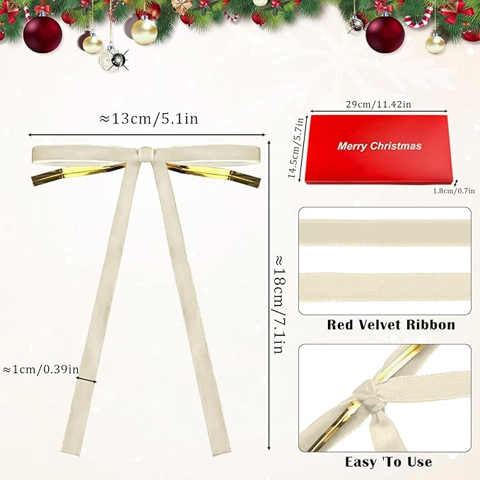 24 Pcs Velvet Bows for Christmas Tree Ribbon Bows for Home Tree Garland Wreath Indoor Rustic Crafts Gift Xmas Decorations Holiday Wedding Outdoor (Beige)