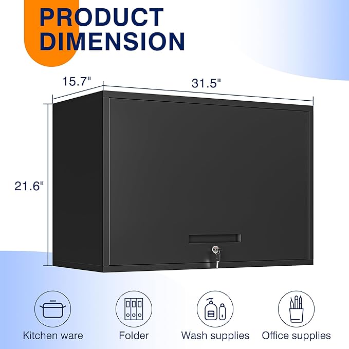 Yizosh Metal Garage Wall Cabinet with Doors and Shelves, Wall Mounted Metal Storage Cabinet, Floating Garage Tool Cabinet for Garage, Basement, Kitchen, Warehouse (Black, 21.6 H)