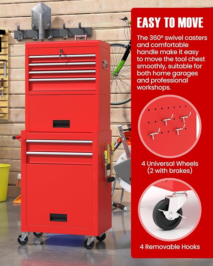 ARNOT 2-in-1 Rolling Tool Chest with 5 Drawers, Heavy-Duty Metal Tool Box with Wheels, Detachable Top Tool Box & Rolling Tool Cabinet for Garage, DIY (6-Drawers Whith Middle Box, Red)