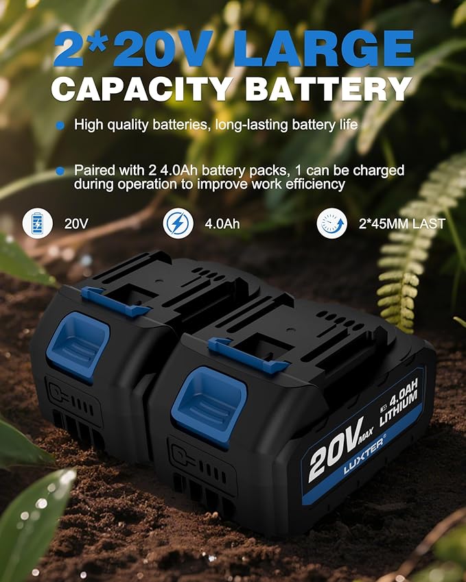 LUXTER 20V Cordless Tiller for Gardening 8.6 Inch Electric Garden Cultivator with 48 Steel Tines Lightweight Cultivators 2¡¿4.0AH Batteries & Fast Charger for Smooth Ground Breaking,Tending,Composting