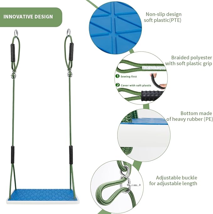 Heavy Duty Swing Seat Non-Slip with Tree Rope Adjustable Swing Set Accessories Replacement for Kids Outdoor Backyard Playground Jungle Gym(Blue)