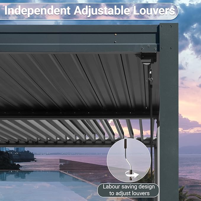 10’ x 16’ Louvered Pergola, Outdoor Pergola Aluminum Frame with Adjustable Rainproof Metal Roof, Permanent Sun Shade with Drainage System for Backyard, Garden and Lawn (Grey)