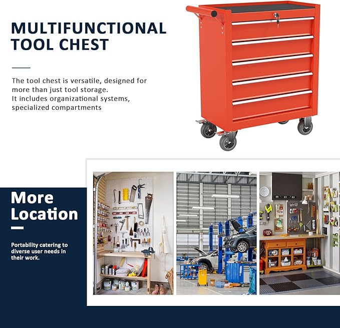 5-Drawer Metal Rolling Tool Chest with Wheels,Tool Storage Cabinet with Locking System£¬Toolbox with Wheels for Garage, Warehouse, Workshop, Repair Shop (Red, 5-Drawer)